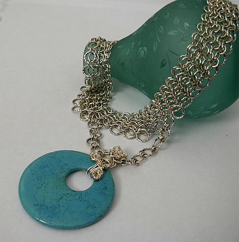 turquoise circle silver mesh necklace